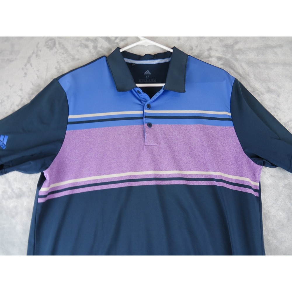 Adidas‎ Polo Shirt Mens Medium Blue Purple Striped Golf Performance Athletic Top